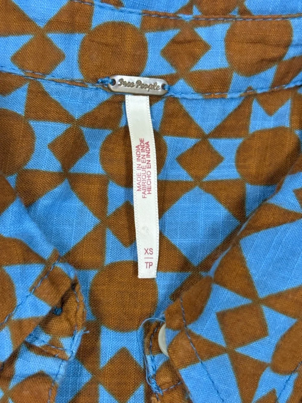 Free People Geometric Maxi Shirt Dress in Rust and Light Blue
